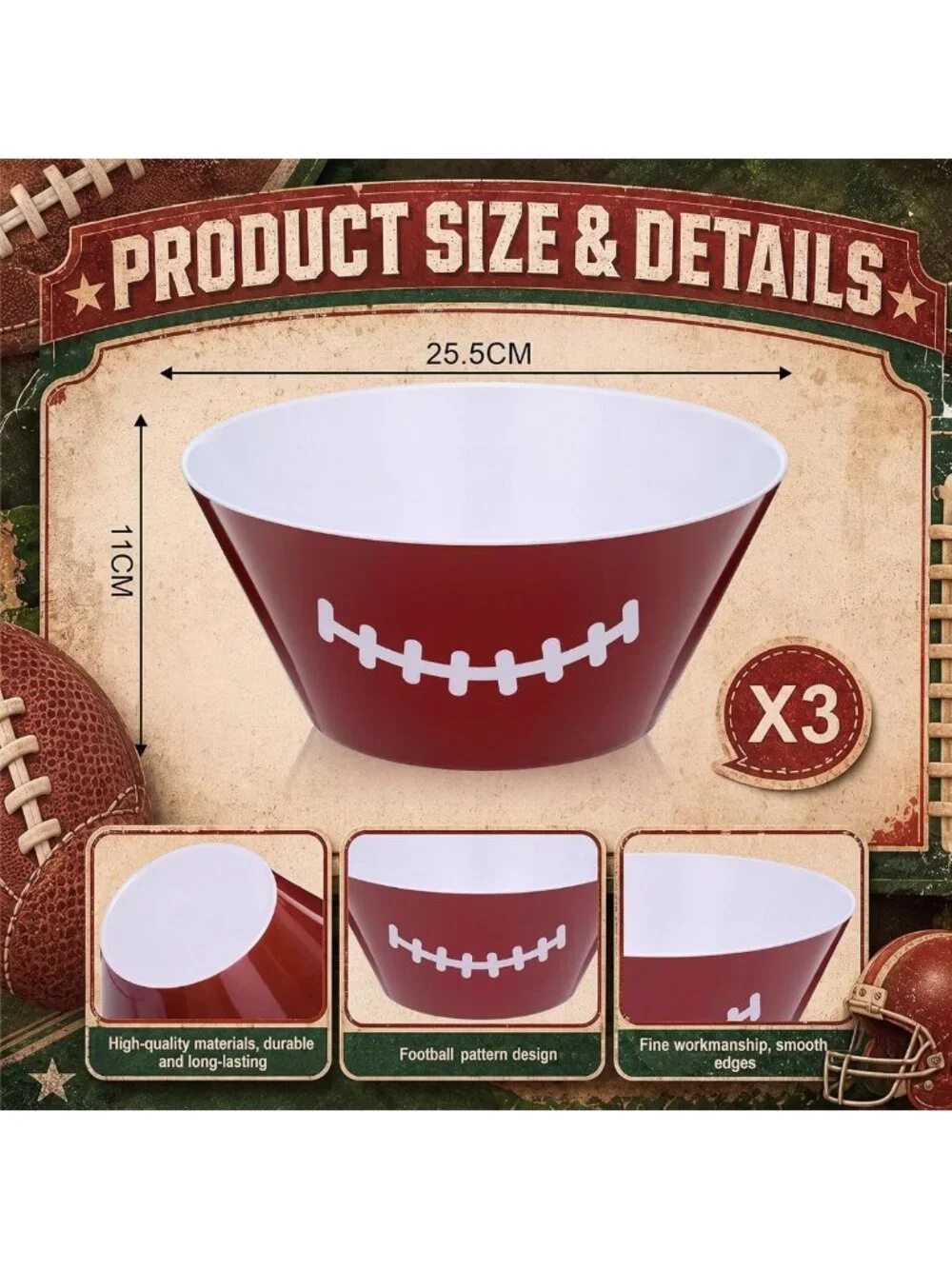 Set of 3 Large 10'' Melamine Football Serving Bowls - Perfect for Snacks